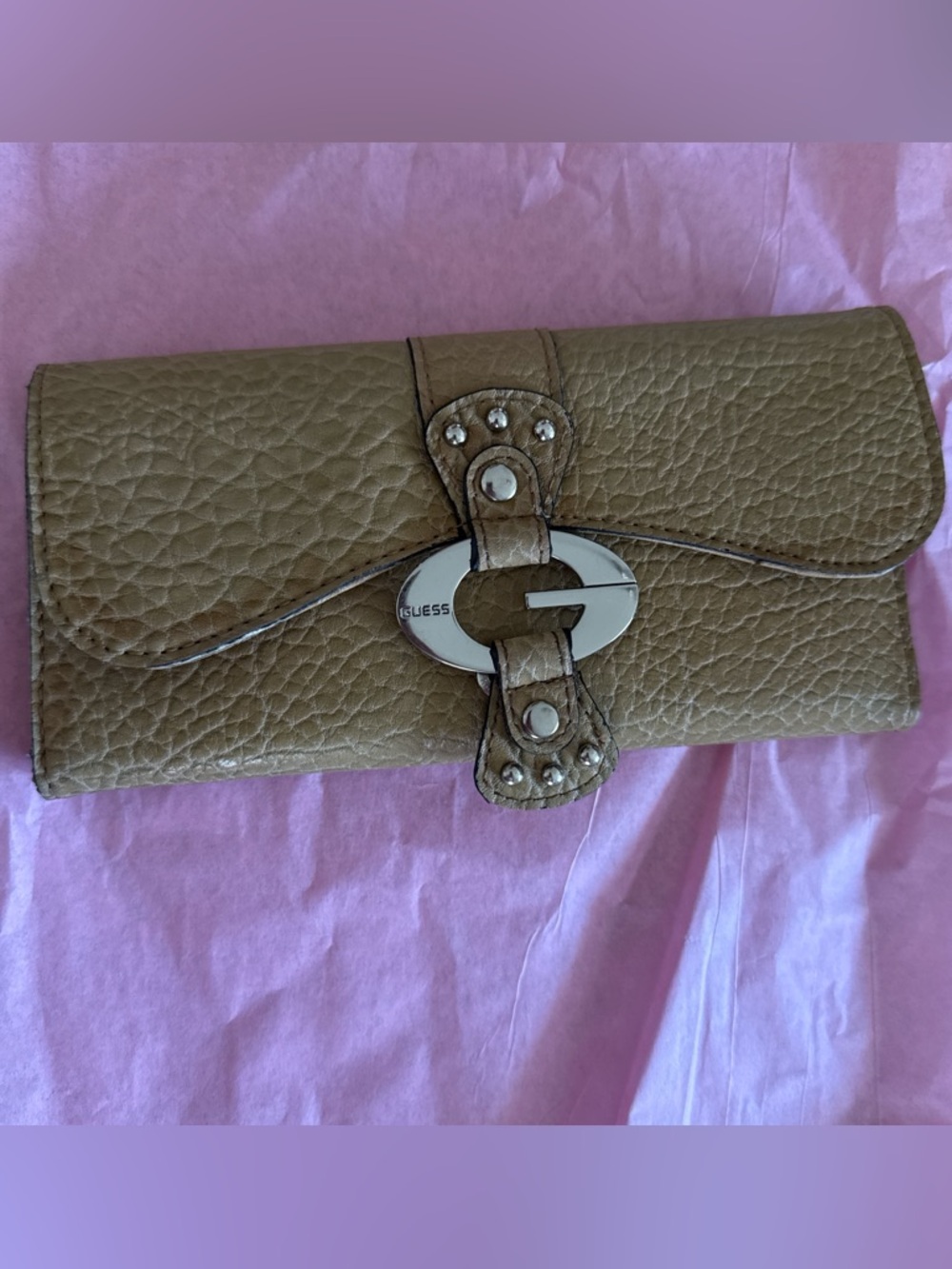 GUESS Tan Pebbled Leather Clutch with Silver-Tone Lock